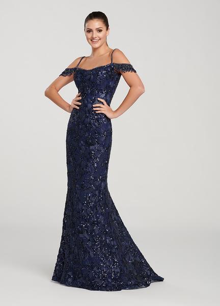 Ellie Wilde - EW119157 Embroidered Lace Trumpet Dress In Blue