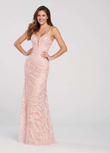 Ellie Wilde - EW119164 Beaded Lace Plunge Sheath Gown In Pink
