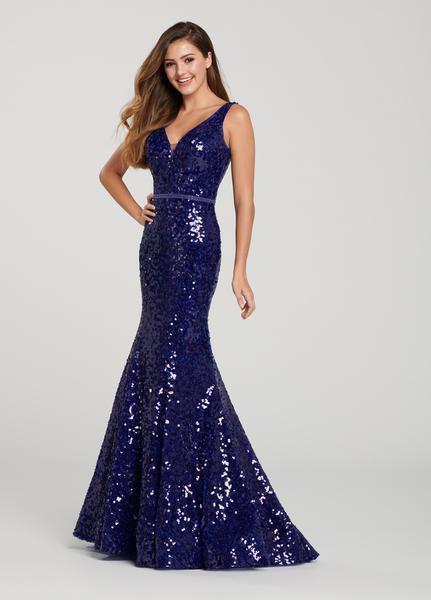 Ellie Wilde - EW119165 Deep Plunge Sequined Trumpet Gown In Blue