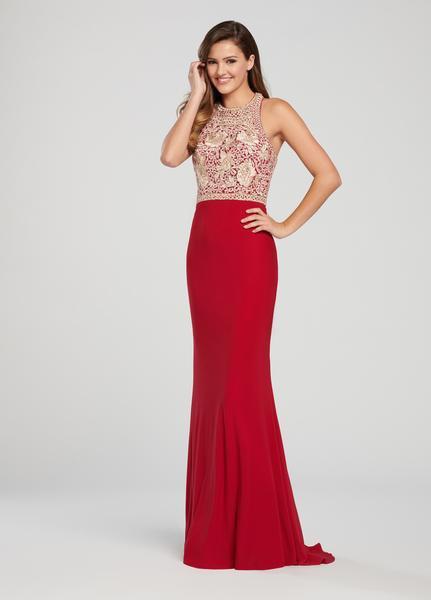 Ellie Wilde - EW119167 Gilt Floral Embroidered Sheath Gown In Red and Gold