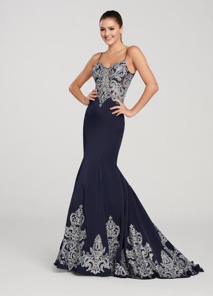 Ellie Wilde - EW119168 Beaded Lace Illusion Bodice Gown In Blue and Silver
