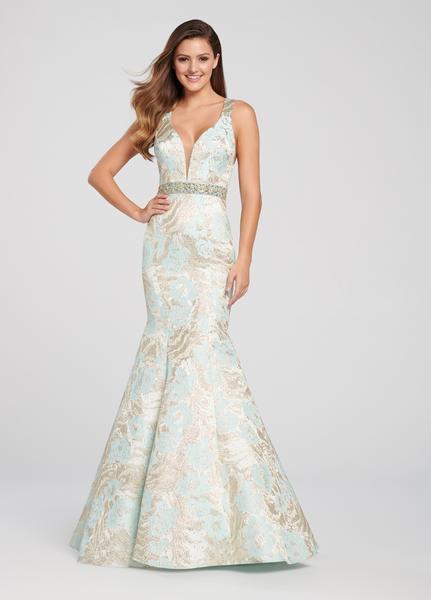 Ellie Wilde - EW119170 Gilt-Adorned Jacquard Mermaid Gown In Blue and Gold