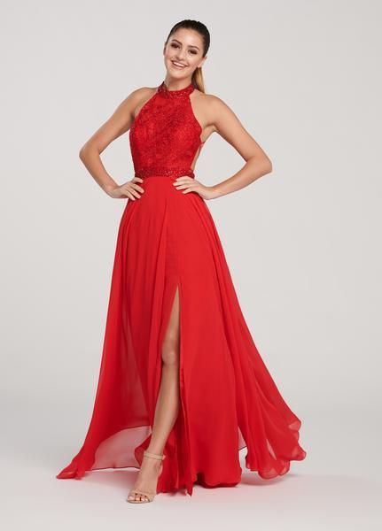 Ellie Wilde - EW119174 Bejeweled High Halter Lace Bodice Gown In Red