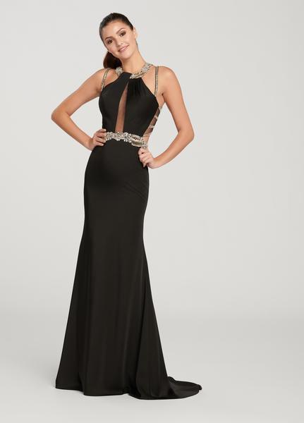 Ellie Wilde - EW119177 Illusion Cutout Beaded Yoke Halter Gown In Black