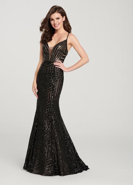 Ellie Wilde - EW119178 Sequined Deep V-neck Trumpet Dress In Black