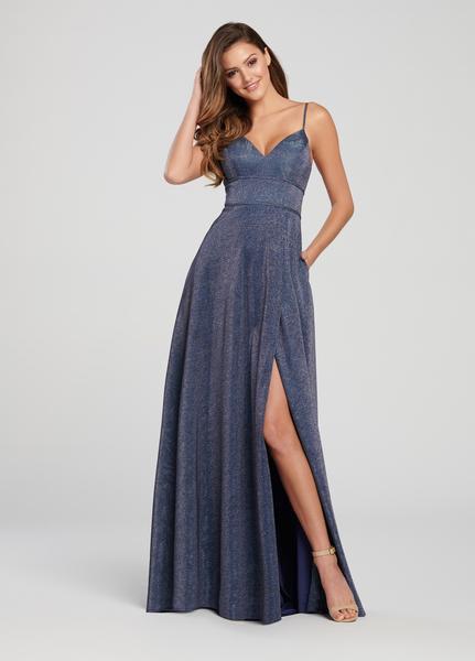 Ellie Wilde - EW119182 Empire Designed High Slit Glitter Gown In Gray