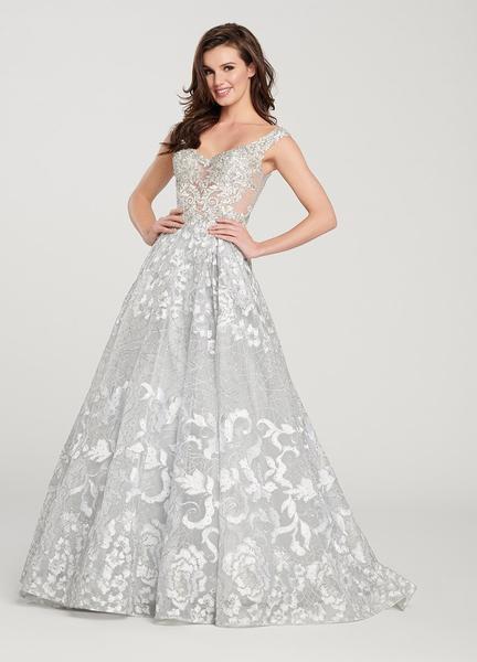 Ellie Wilde - EW119183 Embroidered V-neck Ballgown With Train In Silver and White