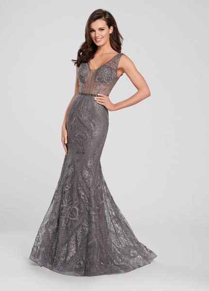 Ellie Wilde - EW119184 Plunging V-Neck Mermaid Gown In Gray
