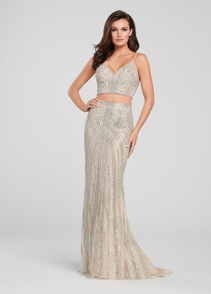 Ellie Wilde - EW119185 Allover Beaded Lace Appliqued Two-Piece Gown In Silver and Neutral