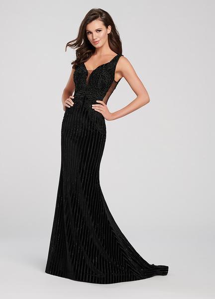 Ellie Wilde - EW119187 Beaded Velvet Trumpet Dress In Black