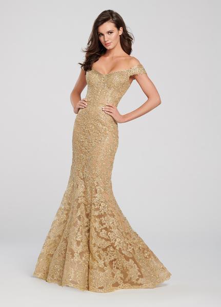 Ellie Wilde - EW119188 Lace Applique Off-Shoulder Dress In Gold