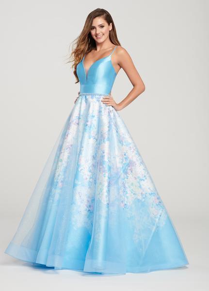Ellie Wilde - EW119190 Floral Aquarelle Motif Mikado Gown In Blue and Multi-Color
