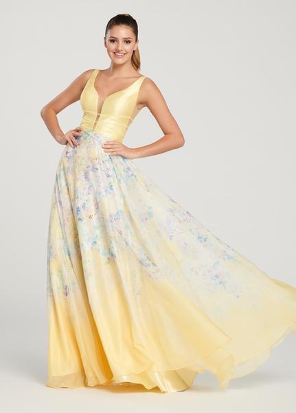 Ellie Wilde - EW119191 Crisscross-Strapped Midriff Aquarelle Gown In Yellow and Multi-Color