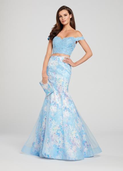 Ellie Wilde - EW119192 Two Piece Floral Print Trumpet Gown In Blue and Multi-Color