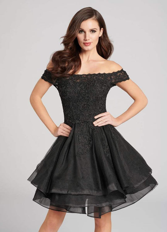 Ellie Wilde - EW21811S Scalloped Off Shoulder A-Line Cocktail Dress in Black