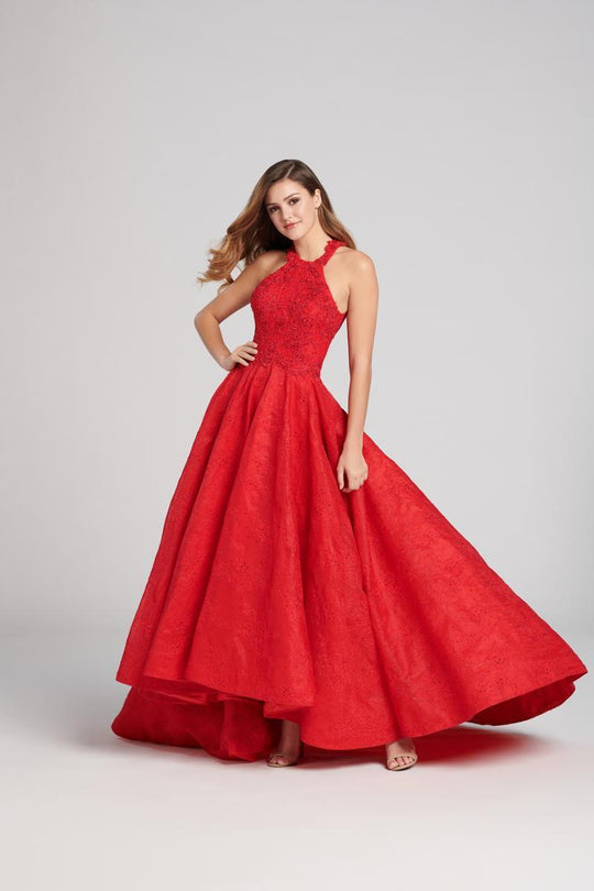 Ellie Wilde - EW21814 Beaded Halter Pleated High Low Gown in Red