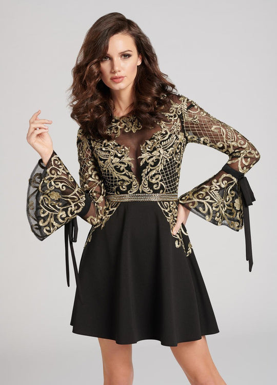 Ellie Wilde - EW21823S Embroidered Lace Long Bell Sleeve A-line Dress in Black and Gold