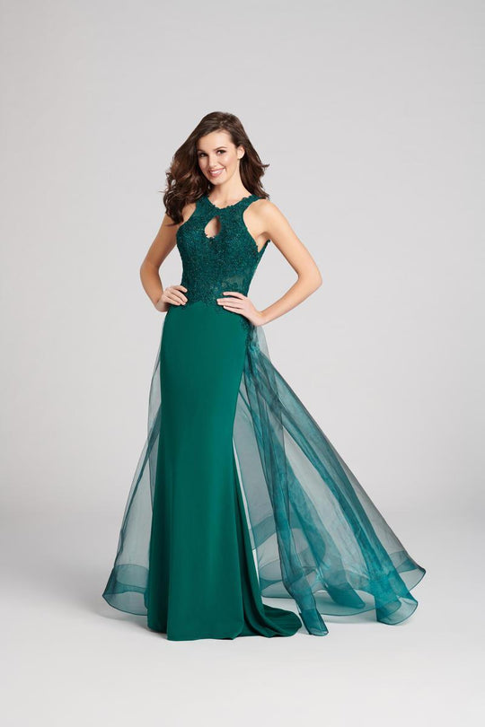 Ellie Wilde - EW21854 Beaded Halter Sheath Dress With Overskirt In Green