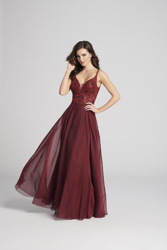 Ellie Wilde - EW21856LS Beaded Lace Plunging Vneck Chiffon A-line Gown In Red