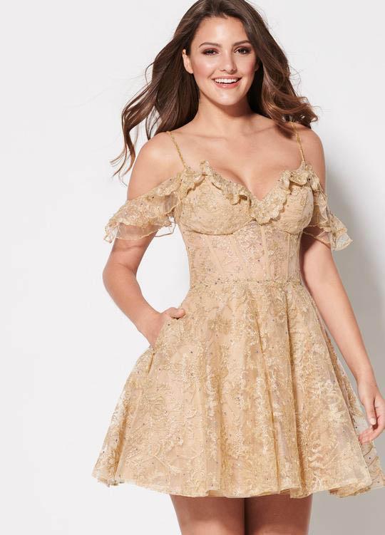 Ellie Wilde - EW21940S Cold-Shoulder Sleeves Laced A-line Dress In Gold