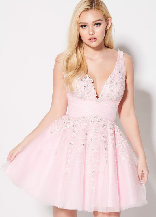Ellie Wilde - EW21945S Beaded Embroidered Lace Empire Dress In Pink