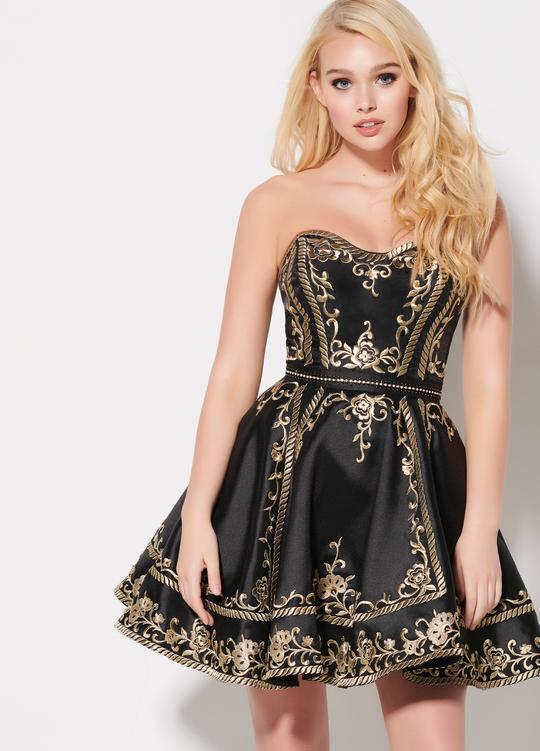 Ellie Wilde - EW21948S Embroidered Semi-Sweetheart Cocktail Dress In Black and Gold