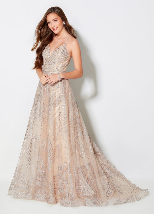 Ellie Wilde - EW21953 Lace Up Beaded Tulle Backless Gown In Neutral