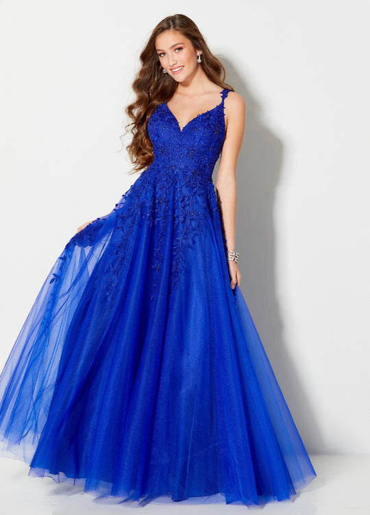 Ellie Wilde - EW21955 Trickling Floral Embroidered A-Line Gown In Blue