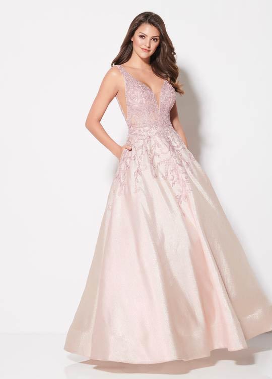 Ellie Wilde - EW21956 V-Neck and V-Back Embellished A-line Gown In Pink