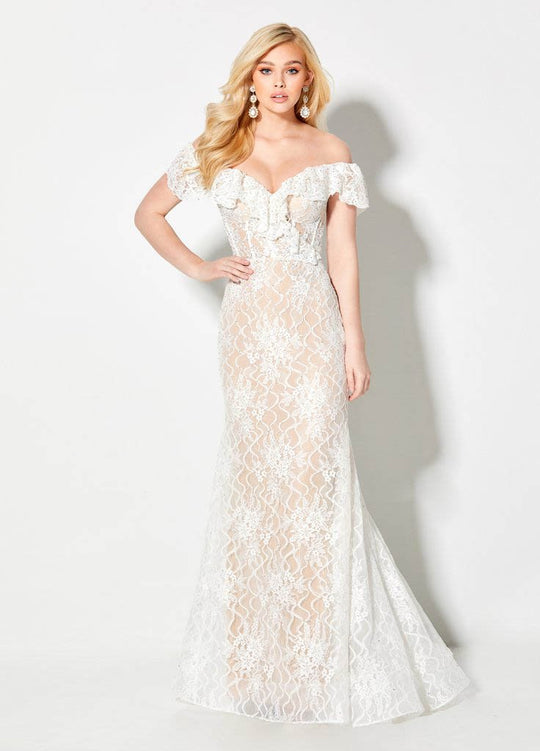 Ellie Wilde - EW21959LS Off-Shoulder Sweetheart Laced Trumpet Gown In White and Neutral