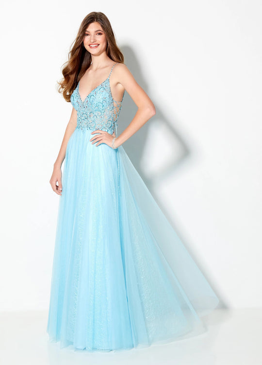 Ellie Wilde - EW21960 Scroll Motif Embroidered Illusion Gown In Blue