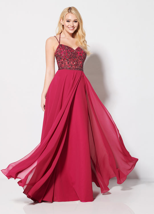 Ellie Wilde - EW21961 Beaded Bodice Crisscross Back Long Gown In Pink