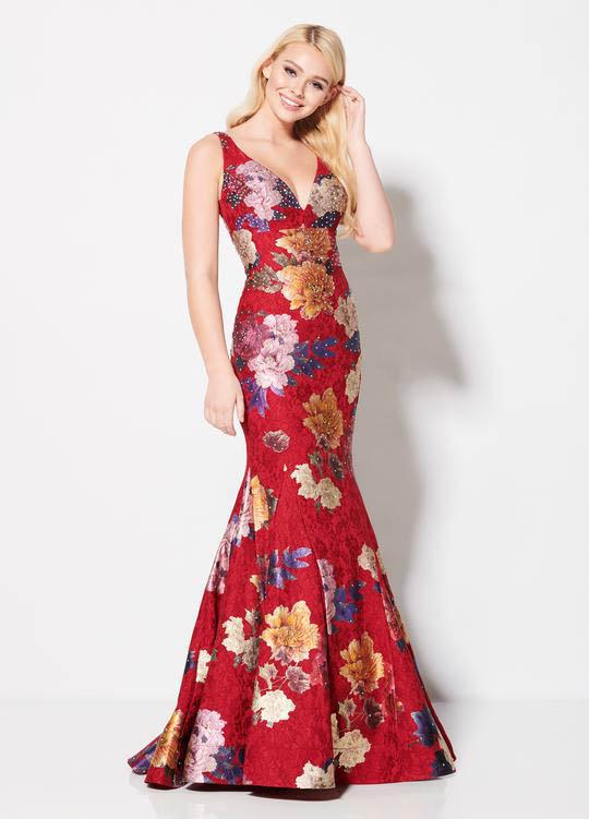Ellie Wilde - EW21963LS Sleeveless V-Neckline Fitted Mermaid Gown In Red and Multi