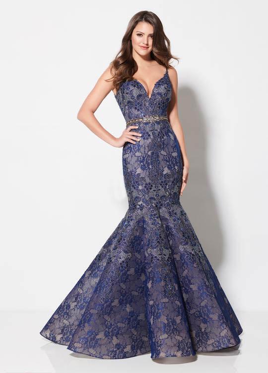 Ellie Wilde - EW21967 V-Neckline Embellished Mermaid Gown In Blue