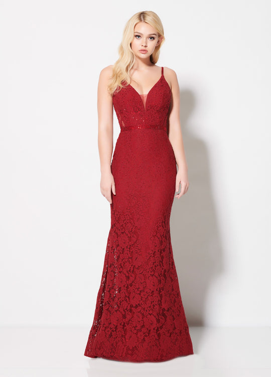Ellie Wilde - EW21968 Jeweled Lace Bandeau Back Mermaid Gown In Red