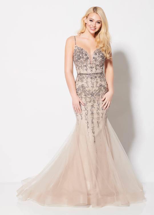 Ellie Wilde - EW21970 Beaded Low Back Sweetheart Trumpet Gown In Gray and Neutral