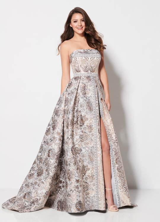 Ellie Wilde - EW21971 Straight Across Floral Printed A-line Gown In White and Gold