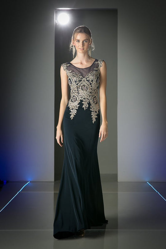 Cinderella Divine - Cap Sleeve Illusion Bateau Metallic Lace Gown in Black