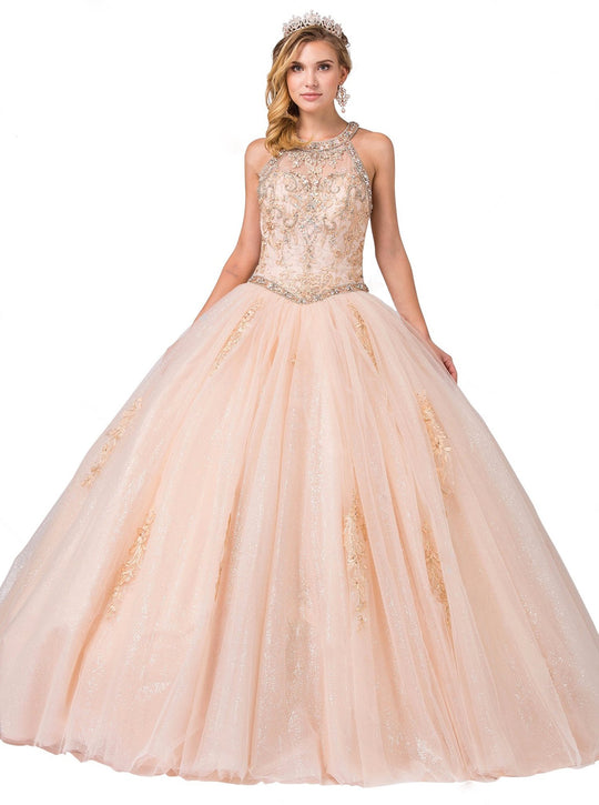 Dancing Queen - 1346 Jeweled Lace Appliqued Halter Ballgown In Neutral