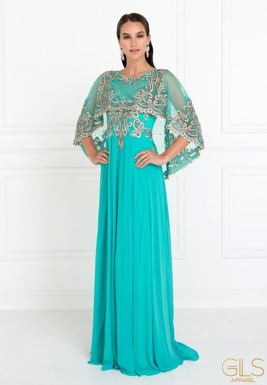 Elizabeth K Embroidered Cape Sleeves Chiffon A-Line Dress GL1527 in Green