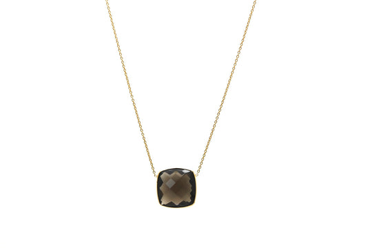 18K Yellow Gold Necklace With Smokey Quartz Square Cushion