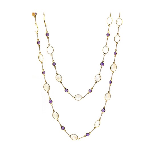 Rainbow Moonstone & Amethyst Long Necklace In 18k Yellow Gold