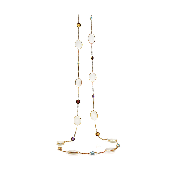 Rainbow Moonstone & Multicolor Stone Long Necklace In 18k Yellow Gold