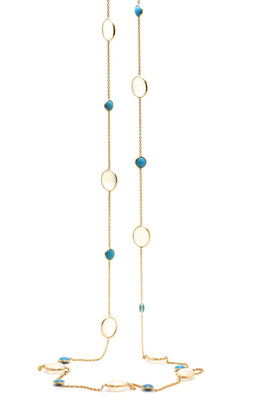 Rainbow Moonstone & Turquoise Long Necklace In 18k Yellow Gold