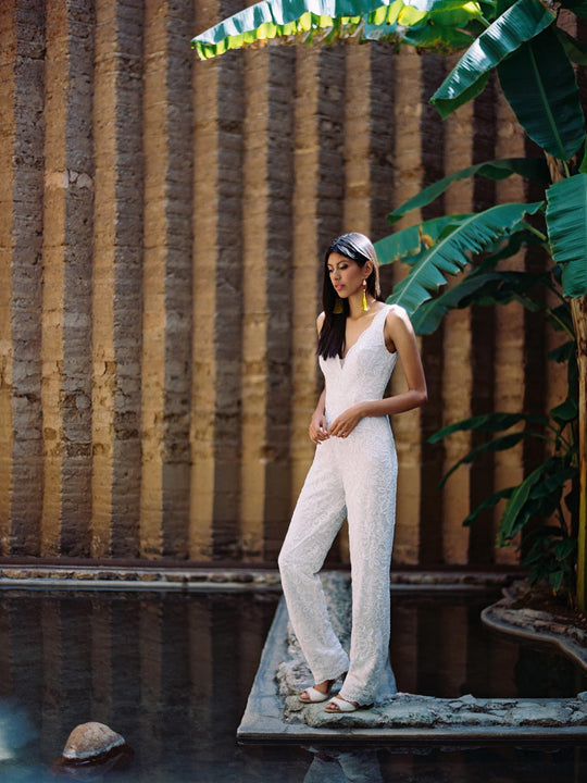 Wilderly Bride by Allure Bridals - F140 V Neck Lace Bridal Jumpsuit In White