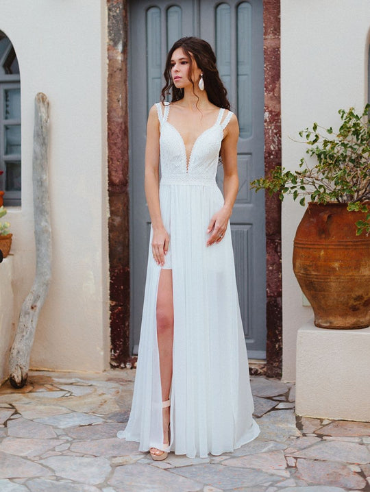 Wilderly Bride by Allure Bridals - F162 Lace Deep V-neck A-line Gown In White and Neutral