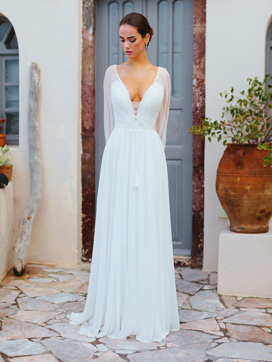 Wilderly Bride by Allure Bridals - F170 Lace Vneck Chiffon A-line Gown In White and Neutral