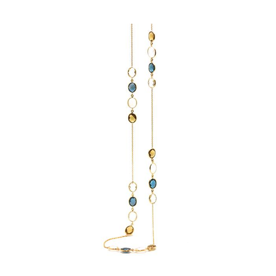 London Blue Topaz, Rainbow Moonstone, Crystal & Citrine Station Necklace in 18k Yellow Gold