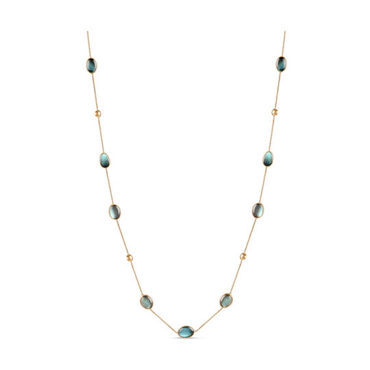 Labradorite stone Long Station Necklace In 18K Yellow Gold