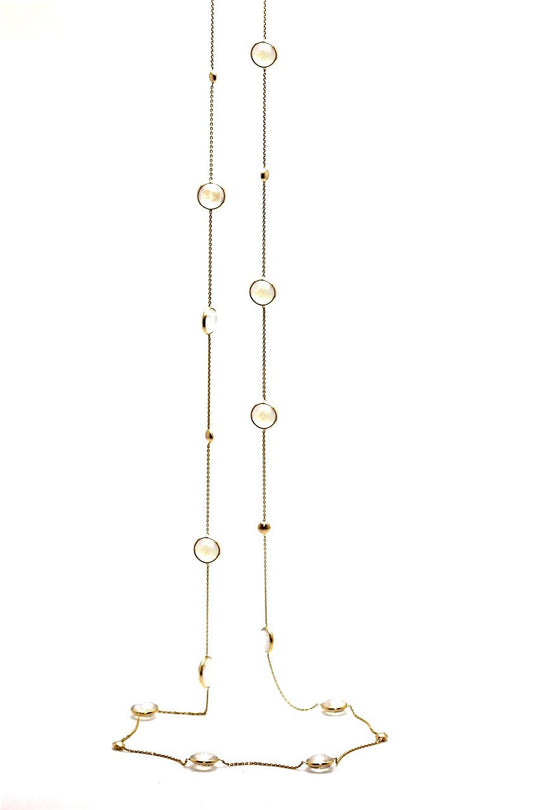 Rainbow Moonstone Long Station Necklace In 18K Yellow Gold